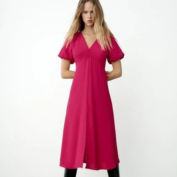 ZARA NEW WOMAN BALLOON SLEEVE DRESS Midi LONG FUCHSIA HOT PINK